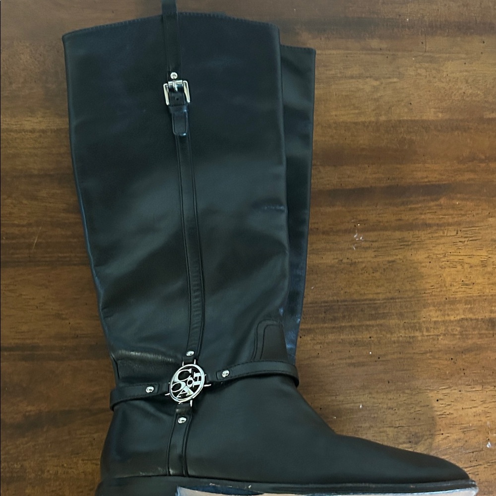 Coach Black Knee-High Leather Boots with Signature Medallion